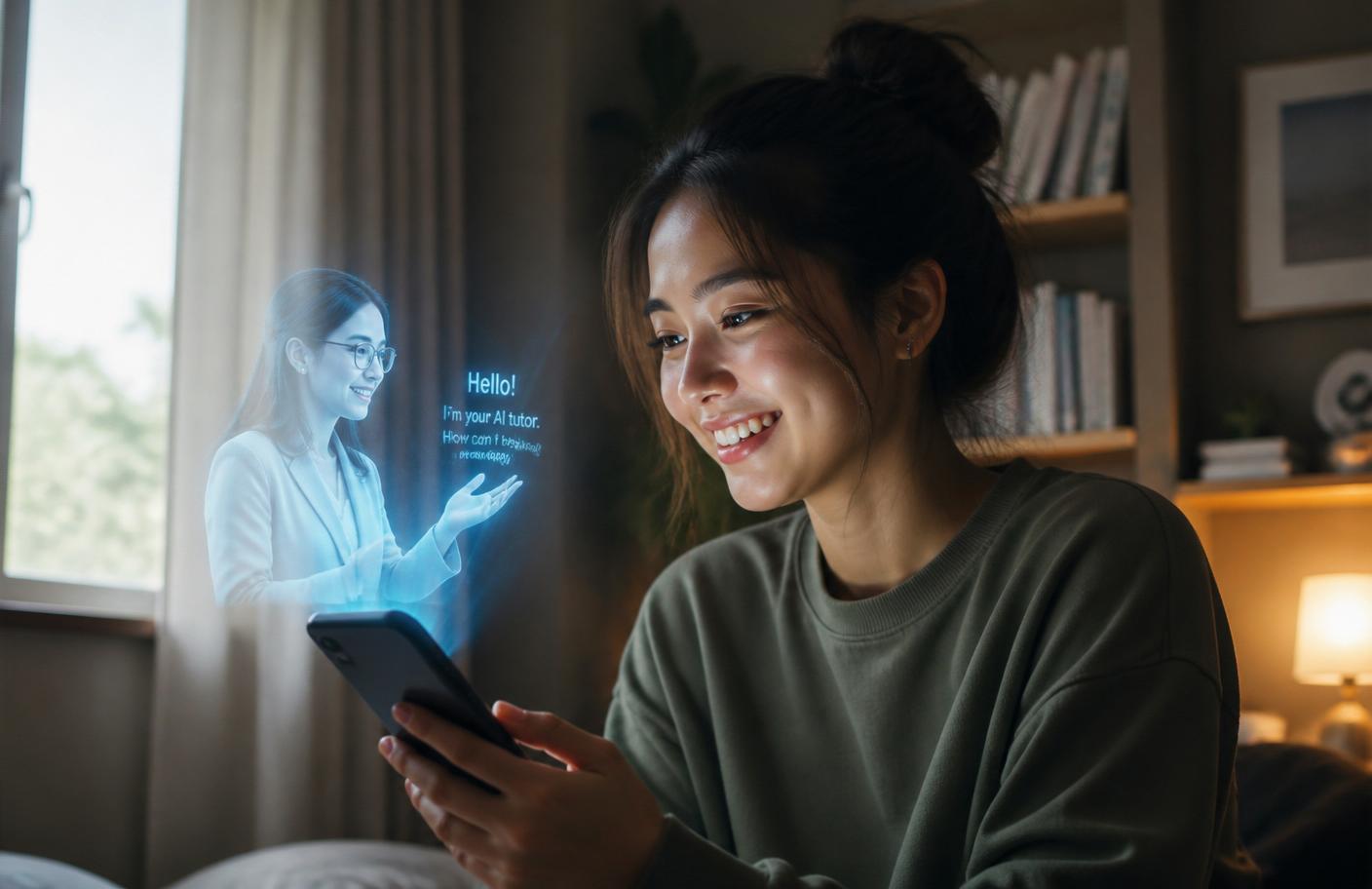 Learner chatting with AI mentor hologram on phone