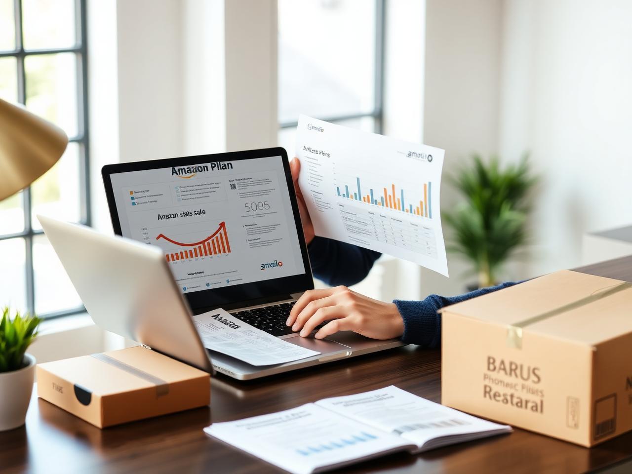 A learner reviewing an Amazon product plan, supplier information, sales data and product packaging