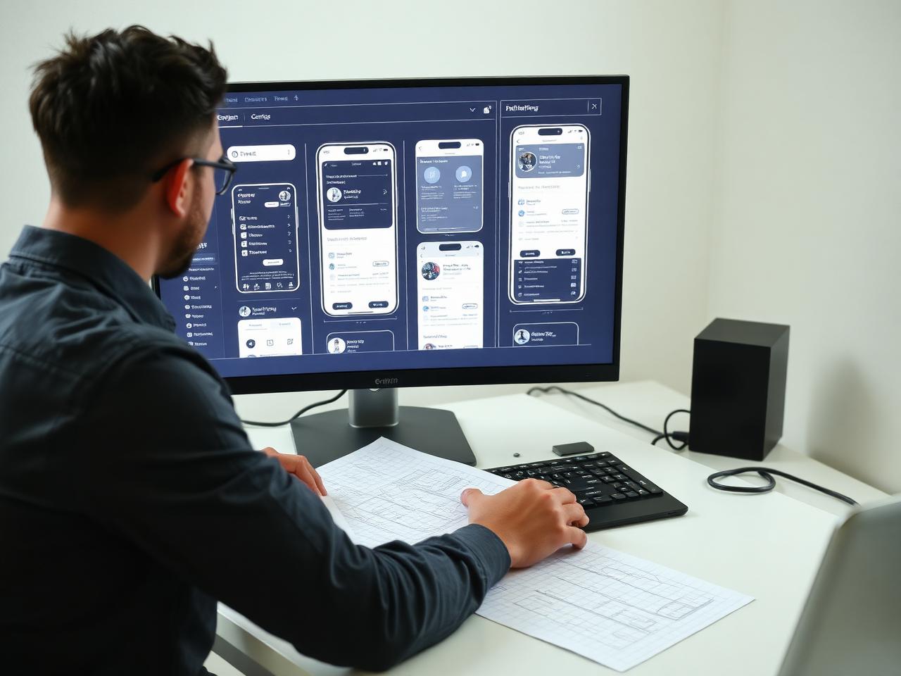 A product designer working on a mobile app interface with wireframe sketches on the desk