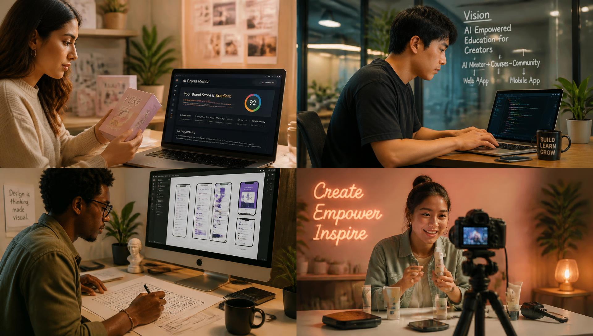 Learners around the world building an e-commerce brand, a startup product, design work and video content with AI mentor guidance
