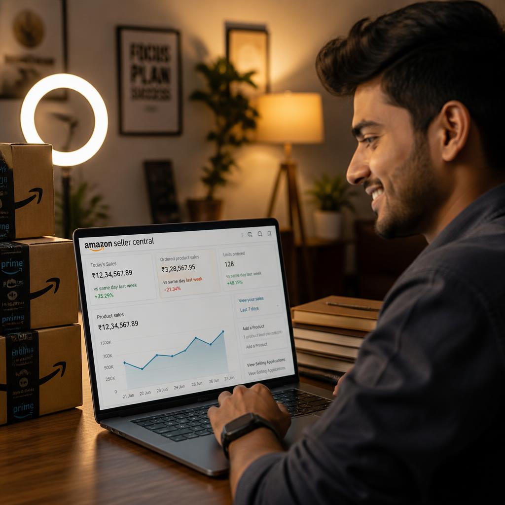 Young Amazon seller smiling at his laptop showing Amazon Seller Central dashboard with sales growth, next to a stack of Amazon Prime boxes