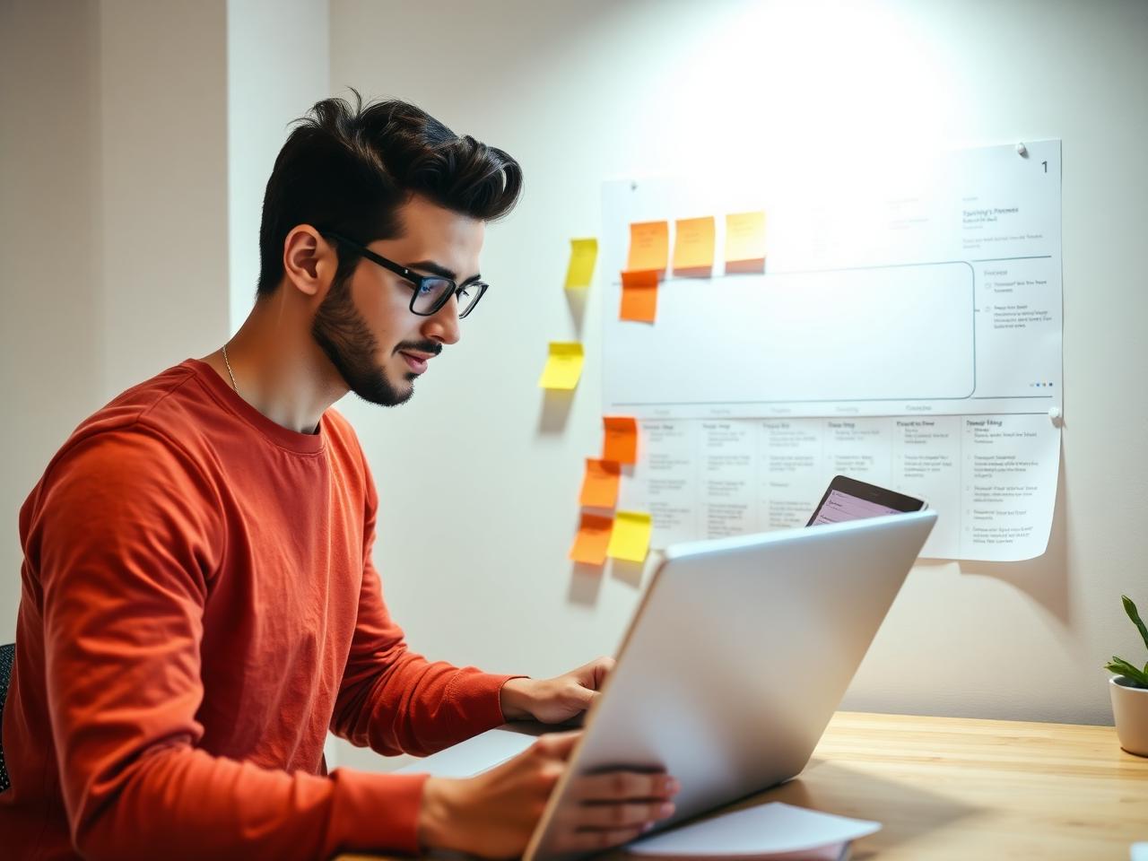 A founder building a SaaS product on a laptop while reviewing a two-month launch roadmap