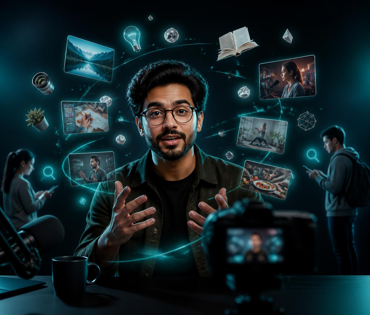 A creator speaking to camera while videos and knowledge float around them and learners search nearby