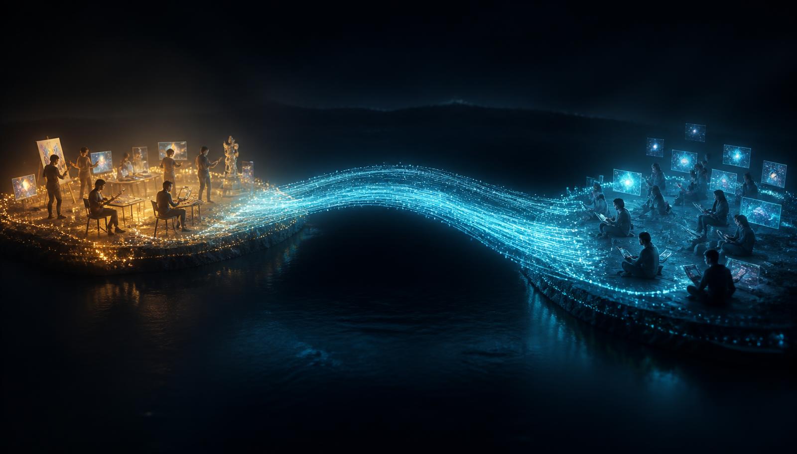 Two islands of creators and learners joined by a bridge of light