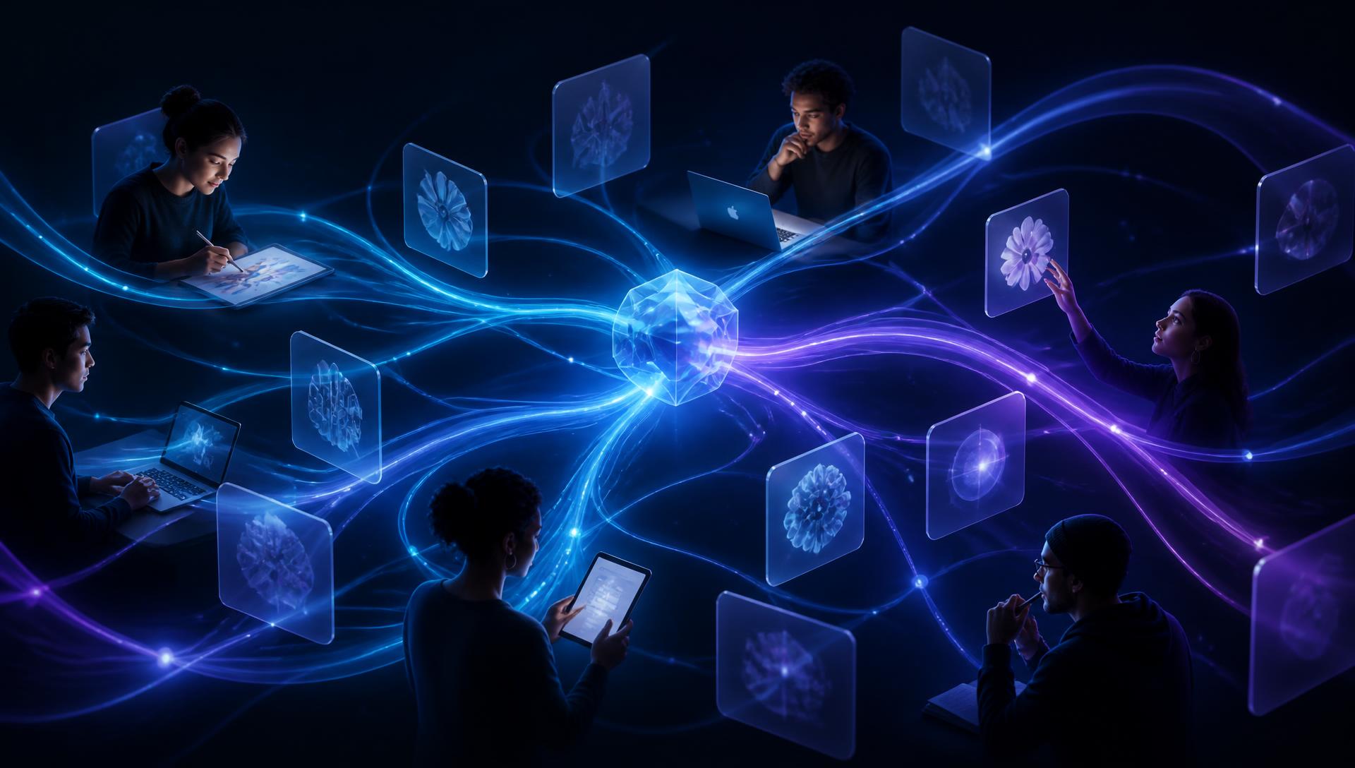 Creators, learners and AI connected by flowing streams of knowledge