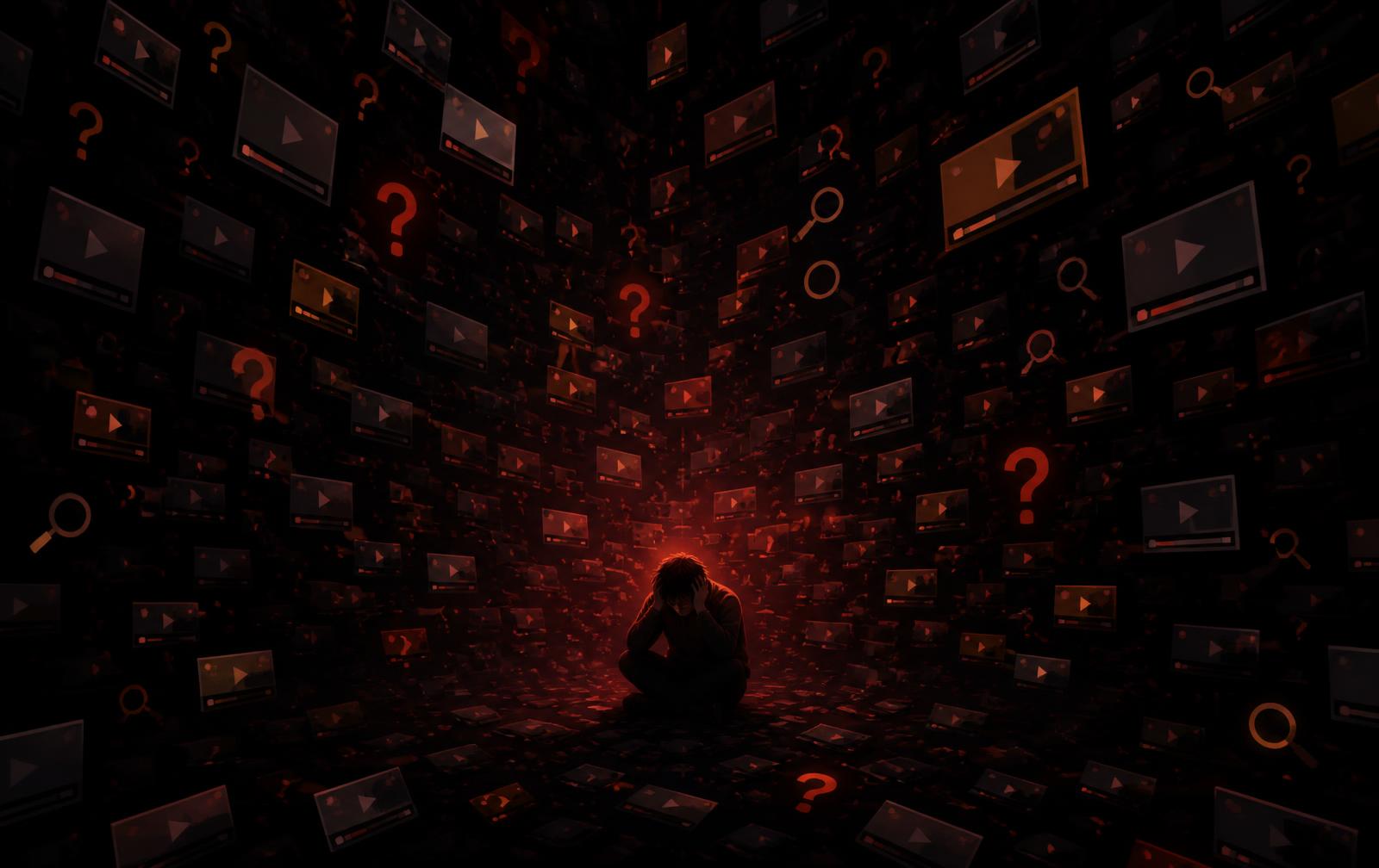 A person surrounded by hundreds of scattered videos, search icons and question marks