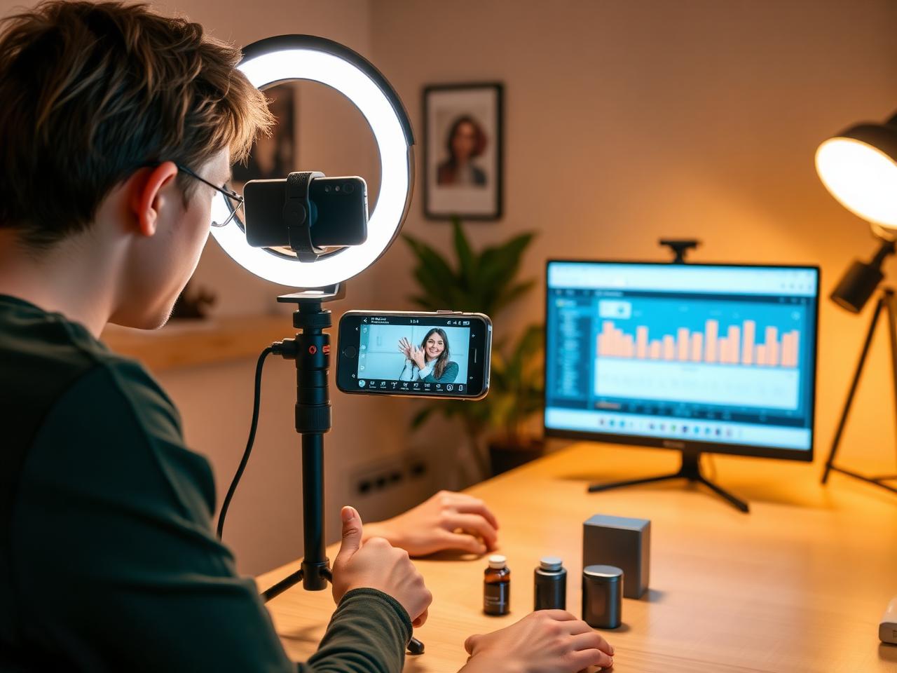 A TikTok seller filming product content while reviewing video performance on a second screen