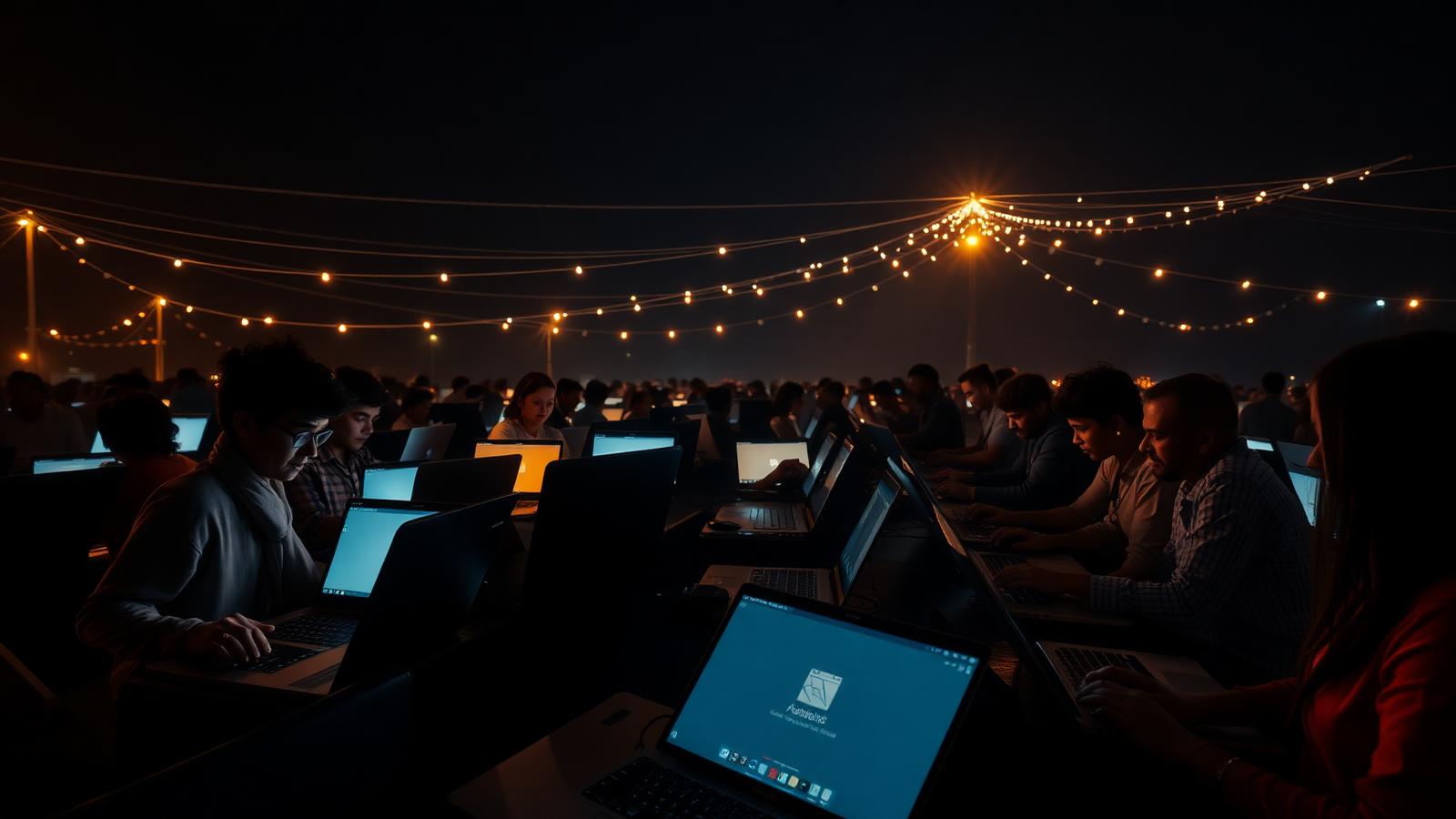 People in different parts of the world learning at night, connected by lines of light